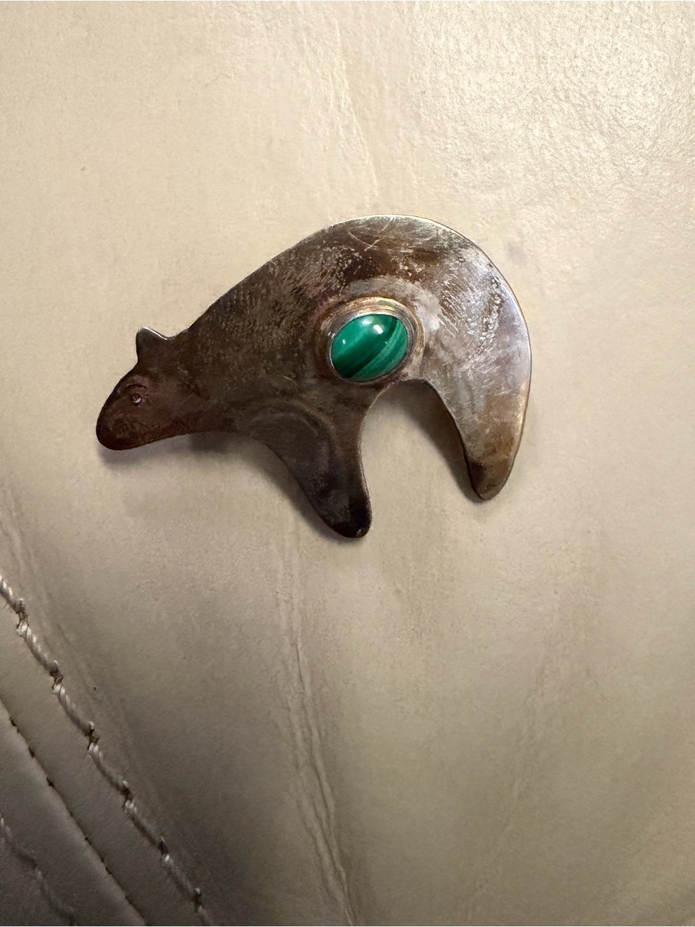 Handcrafted vintage sterling silver Brown Bear with green malachite center stone